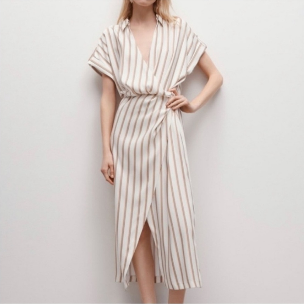 ZARA Striped Cream and Brown Wrap Dress